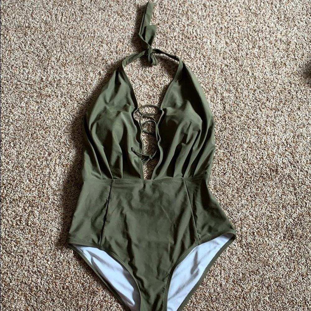 Army green one piece swimsuit with lace up